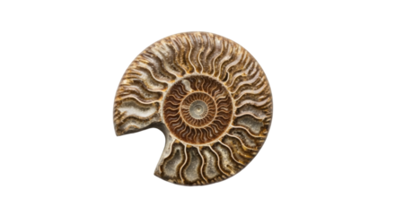 A beautiful ammonite fossil specimen isolated on black background for geological study resources on transparent background