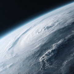 Fototapeta premium Dramatic aerial view of Earth from space, showcasing a massive swirling cloud formation. Evokes themes of nature, power, and global events. Use for science, weather, or concept visuals.