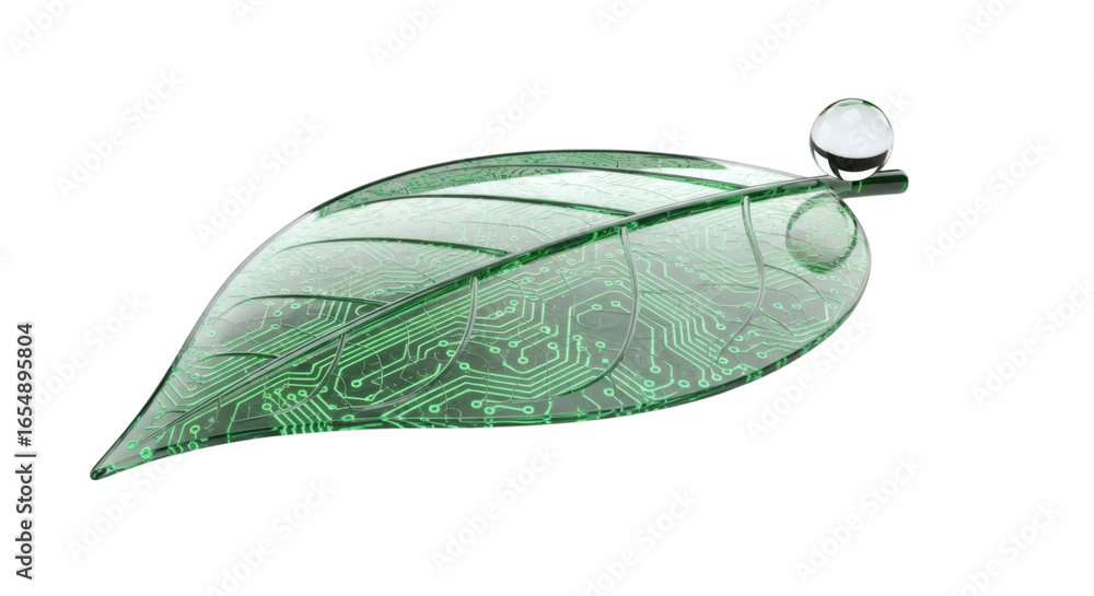 Poster tech green leaf circuit board nature digital technology innovation future science concept design art