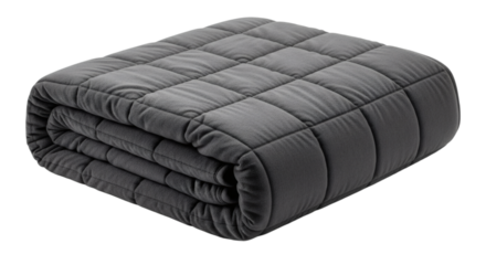 Folded gray weighted blanket for anxiety relief and sleep improvement product photography studio shot on transparent background