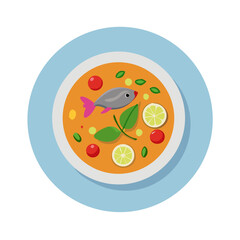 Fish soup illustration in a bowl, top view