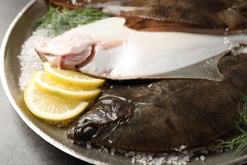 Fresh flounder fish, salt, lemon and dill on grey textured table, closeup. Raw seafood