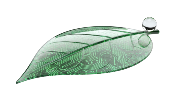 Tech green leaf circuit board nature digital technology innovation future science concept design art on transparent background - Powered by Adobe
