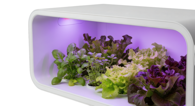 Indoor garden setup for growing lettuce and herbs at home with led lighting system for fresh produce on transparent background