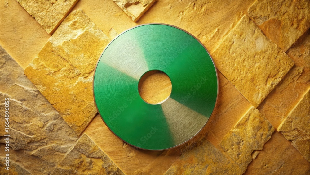 Aufkleber a vibrant green circular element with a metallic sheen rests on a textured golden surface composed o
