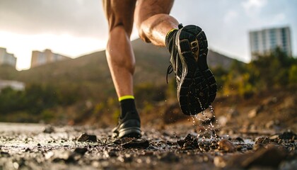 Close-up view of a runner's foot and shoe splashing water as they traverse a muddy trail.