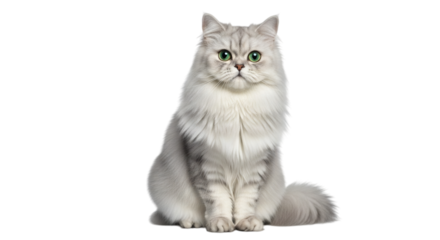 Portrait of a fluffy white persian cat with green eyes sitting isolated on black background studio shot on transparent background