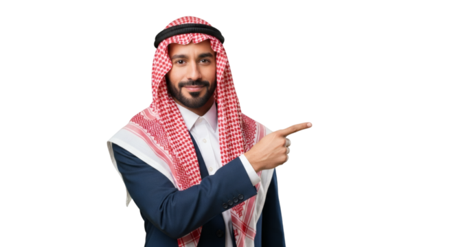 Saudi arabian man pointing presentation arab businessman shemagh middle eastern culture isolated on transparent background