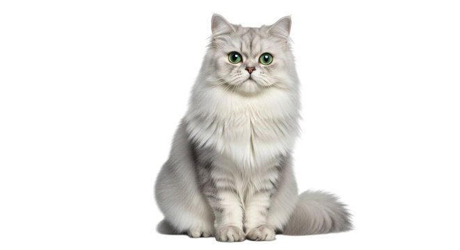 Portrait of a fluffy white persian cat with green eyes sitting isolated on black background studio shot on transparent background