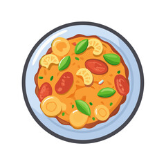 Colorful vegetable stew with basil in cartoon illustration style