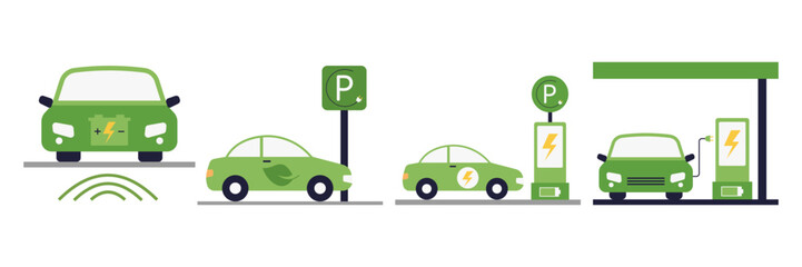 Eco friendly electric vehicles and charging stations illustration set