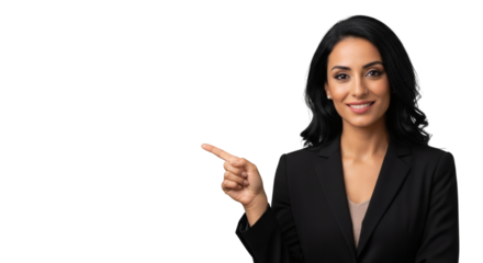Professional woman pointing presentation business executive confident leader marketing sales advertisement on transparent background