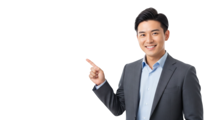 Asian businessman pointing presentation professional executive smiling corporate leader suit on transparent background