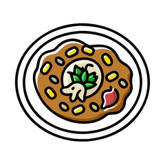 Stylized overhead illustration of hummus with garnish and chickpeas
