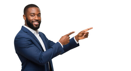 Handsome african american businessman in suit pointing to the side advertisement space area promo on transparent background