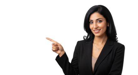 Businesswoman pointing presentation professional executive female leader showing direction idea here on transparent background