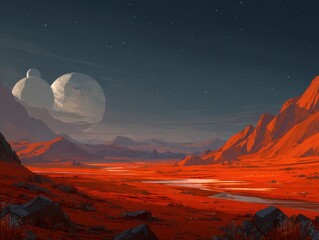 Alien planet landscape with red terrain and two moons digital painting scenic view stars