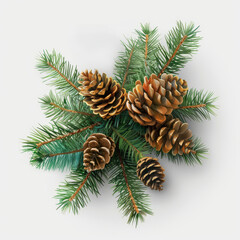 A festive arrangement of green pine branches with several brown pine cones, set against a light background, evoking a natural winter or holiday theme