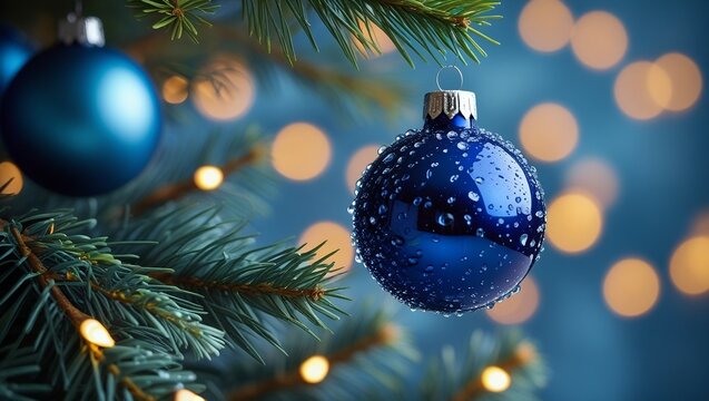 Blue Christmas ornament on pine tree branch with golden holiday lights and festive bokeh background, elegant winter scene, AI-Generated.