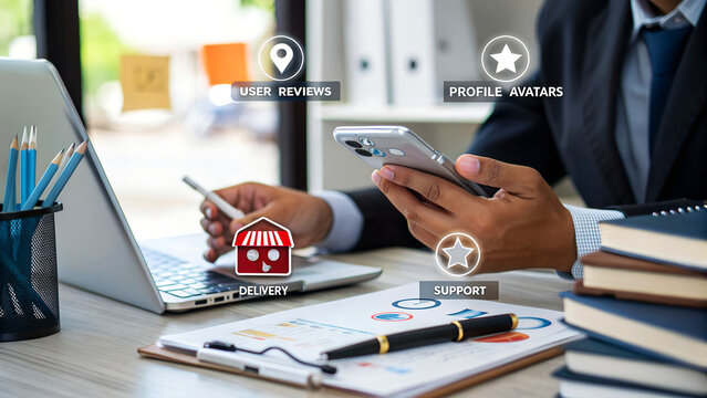 A man uses a smartphone while working on laptop with holographic overlay showing a storefront icon, location pin, and five star rating 