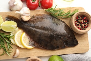 Fresh raw flounder fish and ingredients on white wooden table, flat lay. Seafood