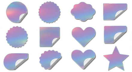Holographic sticker shapes set peel and curl edges  Isolated On Transparent Background