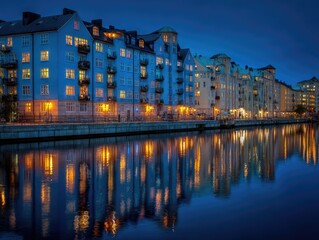 Evening cityscape reflection on canal.  Pastel colored buildings line a calm waterway.  Lights in windows illuminate the scene