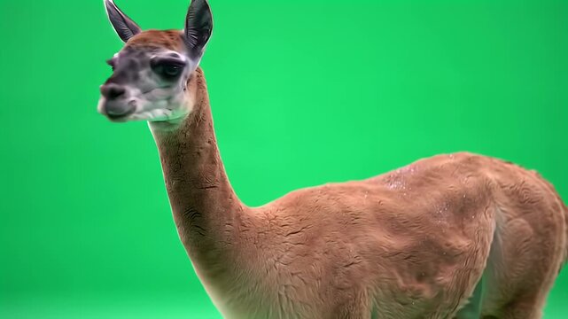 Guanaco or Llama Standing Isolated on Green Screen Background. Full Body Side Profile of a South American Camelid.