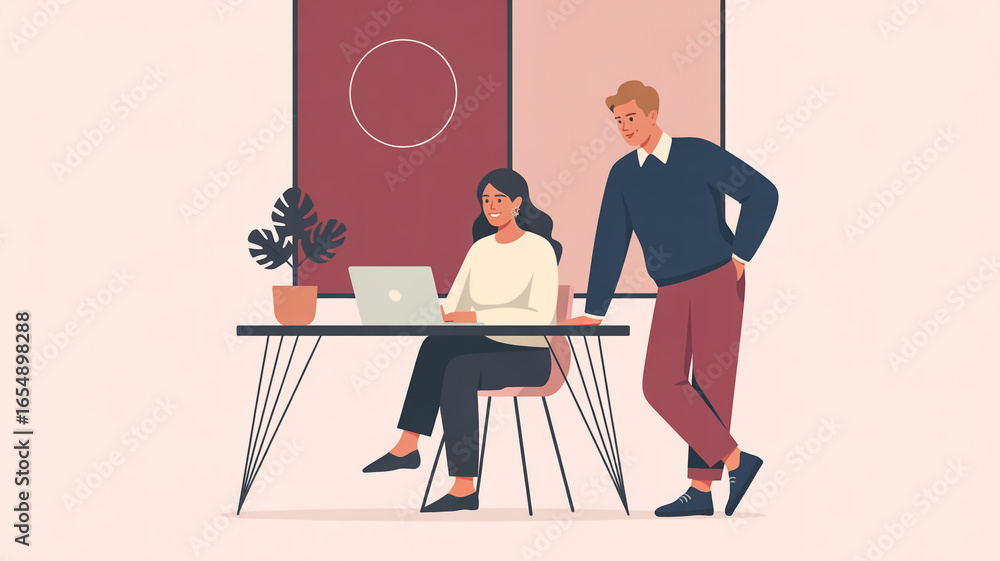 Poster a minimalist illustration in a flat design style showing two people in a workspace setting.