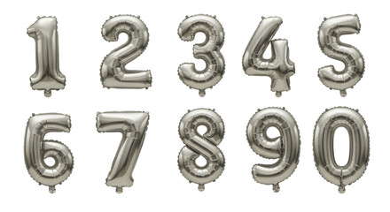 Metallic foil balloon numbers set shiny reflections  Isolated On Transparent Background