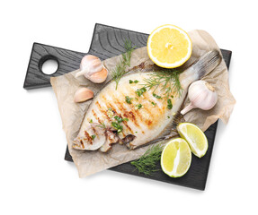 Tasty roasted flounder fish with spices isolated on white, top view. Homemade seafood dish
