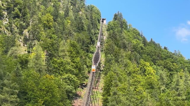Hallstatt funicular cablecar train rails in Alps Austria