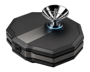 Octagonal spacecraft with layered hull and a prominent signal array