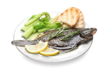 Tasty roasted flounder fish with rosemary, celery, lemon slices and toasted bread isolated on...