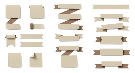 Ribbon banner curls and folded paper labels set  Isolated On Transparent Background