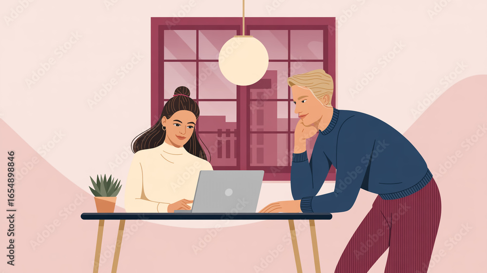 Poster a minimalist illustration in a flat design style showing two people in a workspace setting.
