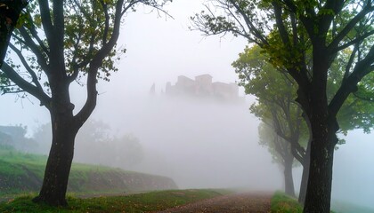 A misty morning landscape reveals a castle shrouded in a light gray fog, with rows of tall trees lining a path.