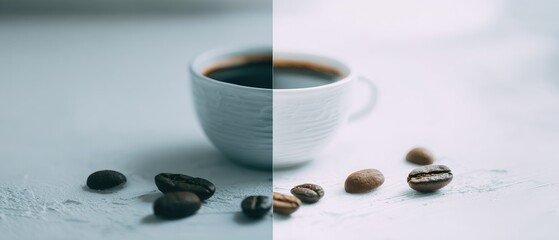 Coffee cup with beans on a light surface, split tone