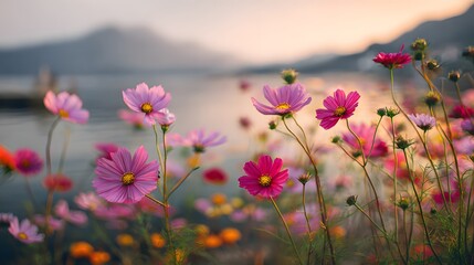 Beautiful cosmos flowers field landscape nature photography floral bloom blossom garden spring summer scenic view