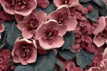 A vibrant arrangement of sculpted flowers in deep pinks and muted blues, showcasing intricate details and textures.