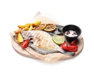 Tasty roasted flounder fish with potatoes, tomatoes and lemon slices isolated on white. Homemade...