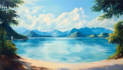 Fototapeta premium A painting of a beach with a boat in the water. The boat is in the foreground and the water is in the background