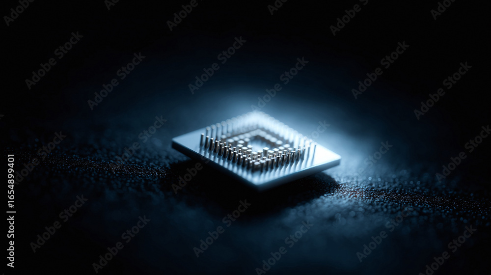 Poster closeup of a computer processor chip on a dark surface. symbolizes technology, innovation, and artif