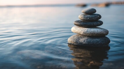 Zen Stones Stacked in Calm Water at Sunset, Close-Up Shot, Peaceful Scene, Balance and Harmony Concept, Serene Lake Location