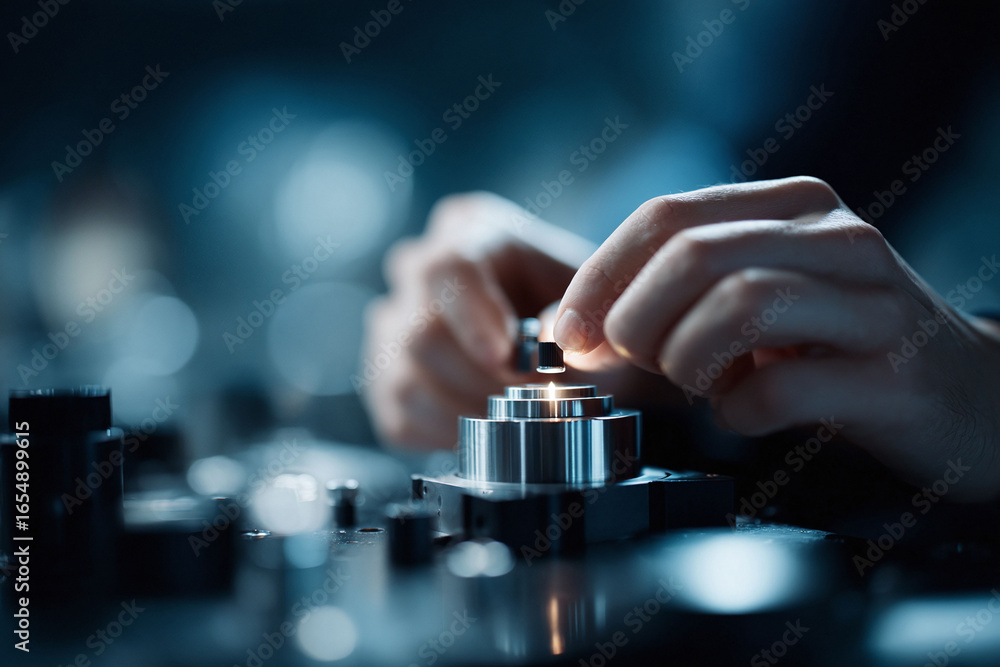 Poster precision work. hands carefully positioning a small component on a metal machine. represents enginee