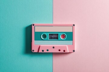Pastel-colored audio cassette tape on a teal and pink background