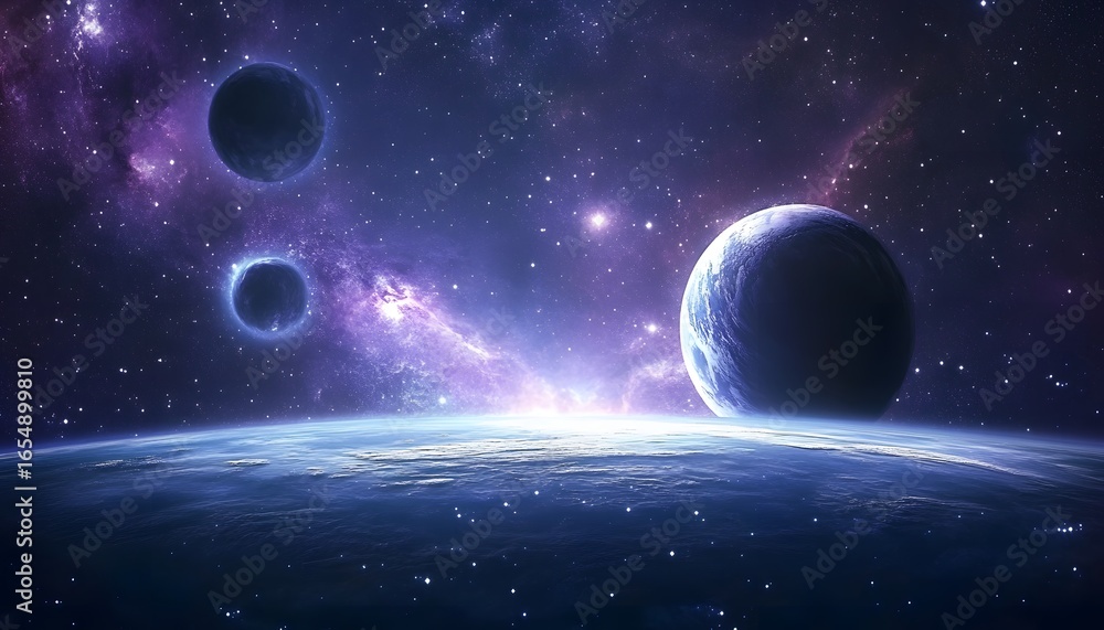 Poster a planet with three other planets in the background. the background is filled with stars. the planet