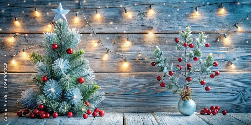 Poster festive winter scene with miniature trees and warm string lights on rustic wood background
