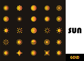 Sun icons. solar energy icons. Brightness golden sunlight icons.