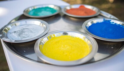 A collection of vibrant colors arranged in small, round, metallic dishes on a circular tray.